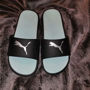 Puma Black and Light Blue Slides Size 7